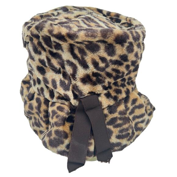 Leopard Cheetah Print Bucket Hat Vtg Y2K Faux Fur Ribbon Boho Hippie Handmade - Picture 3 of 10